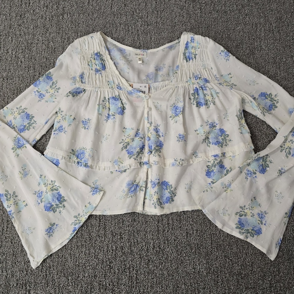 NWT‎ Cottagecore Blue Floral Bell Sleeve Babydoll Peasant Top XS Boho